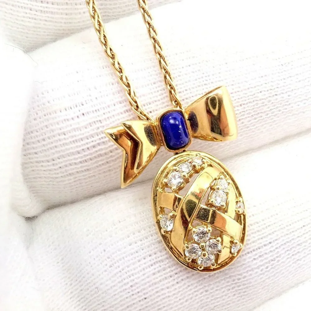 Authentic! Christian Dior 18k Yellow Gold Lapis Diamond Egg Pendant Necklace​ - Picture 6 of 10